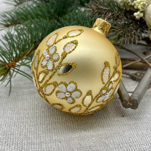 Gold Christmas glass ball ornament,  traditional XMAS glass ornament, crafted Christmas handmade, Hand painted Christmas glass decorations