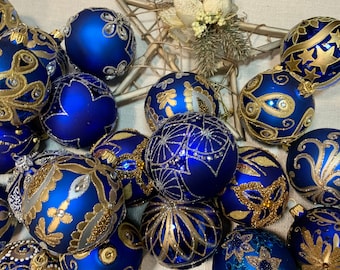 24 Blue assorced Christmas glass balls ornaments, Hand painted Christmas glass decorations,  XMAS glass ornament, crafted Christmas handmade