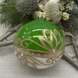 Green and white Christmas glass ball ornament,Hand painted Christmas glass decoration,traditional XMAS glass ornament,crafted Xtmas handmade