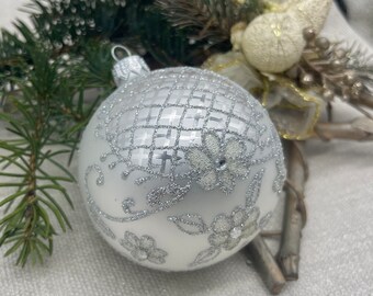 Silver Christmas glass ball ornament, Hand painted Christmas glass decorations, traditional XMAS glass ornament, crafted Christmas handmade