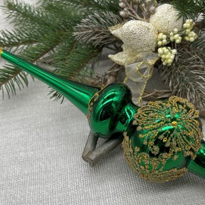Green with gold Christmas glass tree topper 9 inch,Glass Finial Xmas Tree top,Festive Spire Ornament,Tree decor,vintage tree topper Xtmas