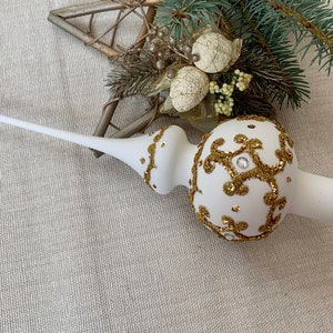 Big white matt Christmas glass tree topper with gold glitter 12 inch, Glass Finial Xmas Tree top, Festive Spire Ornament, Tree decor
