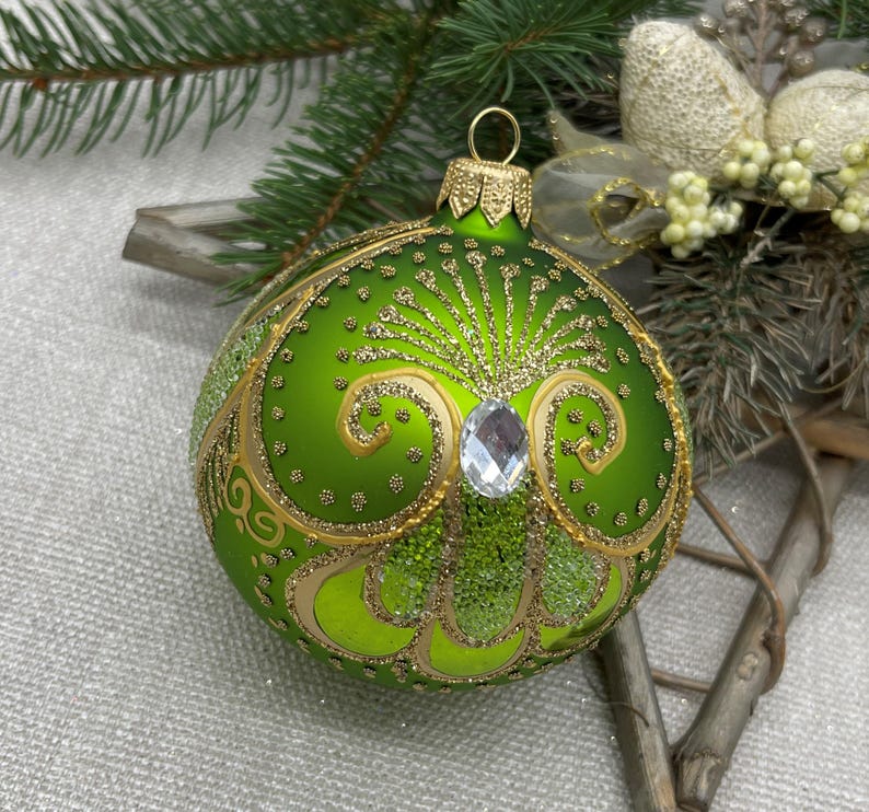 Green Christmas Glass Ball Ornament, Hand Painted Christmas Glass ...
