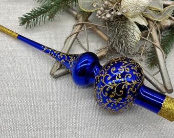 Blue Christmas glass tree topper 9 inch,vintage tree topper Christmas,Glass Finial Xmas Tree top, Festive Spire Ornament, Tree decor