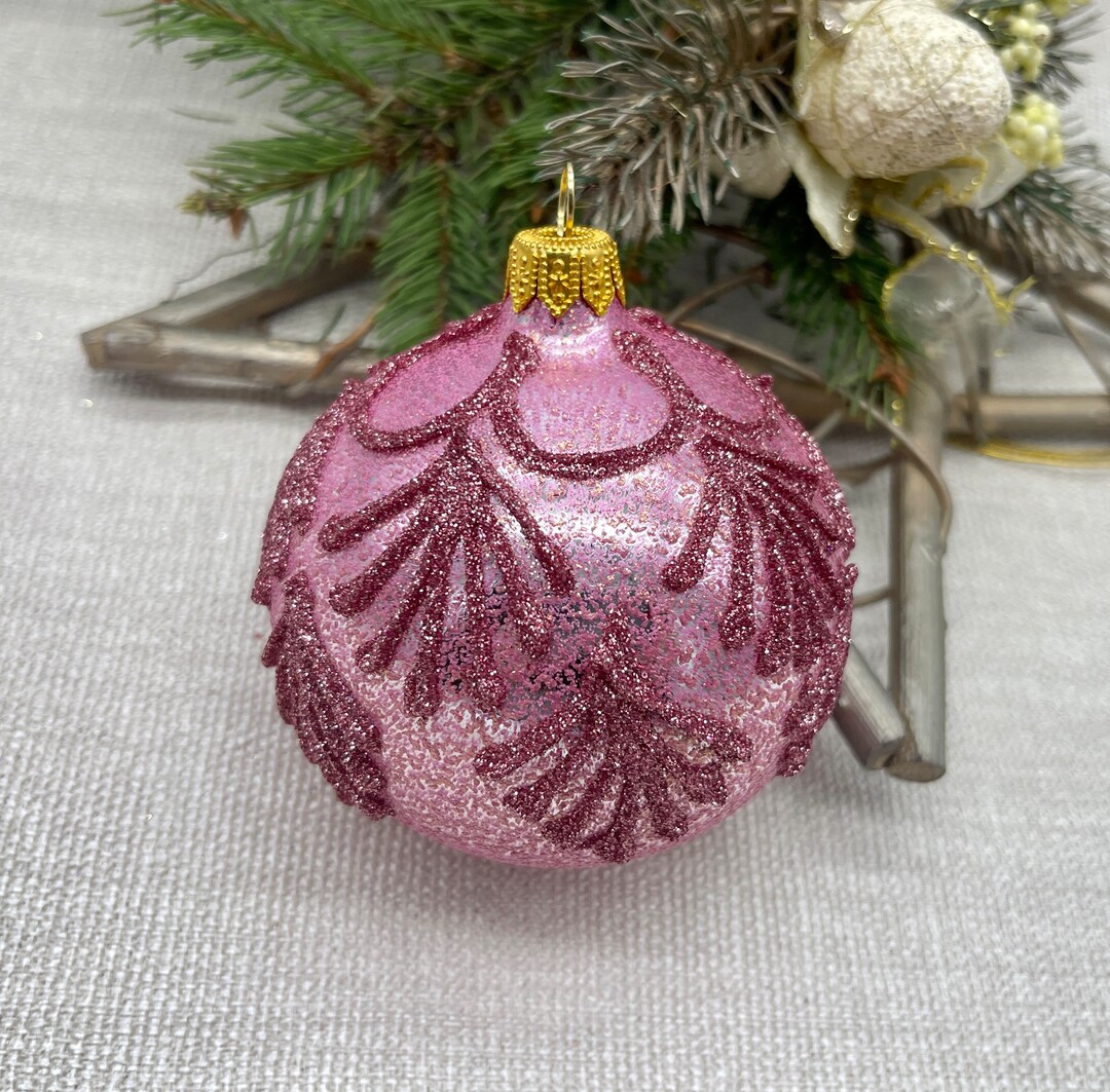 Pink Christmas Glass Ball Ornament, Hand Painted Christmas Glass