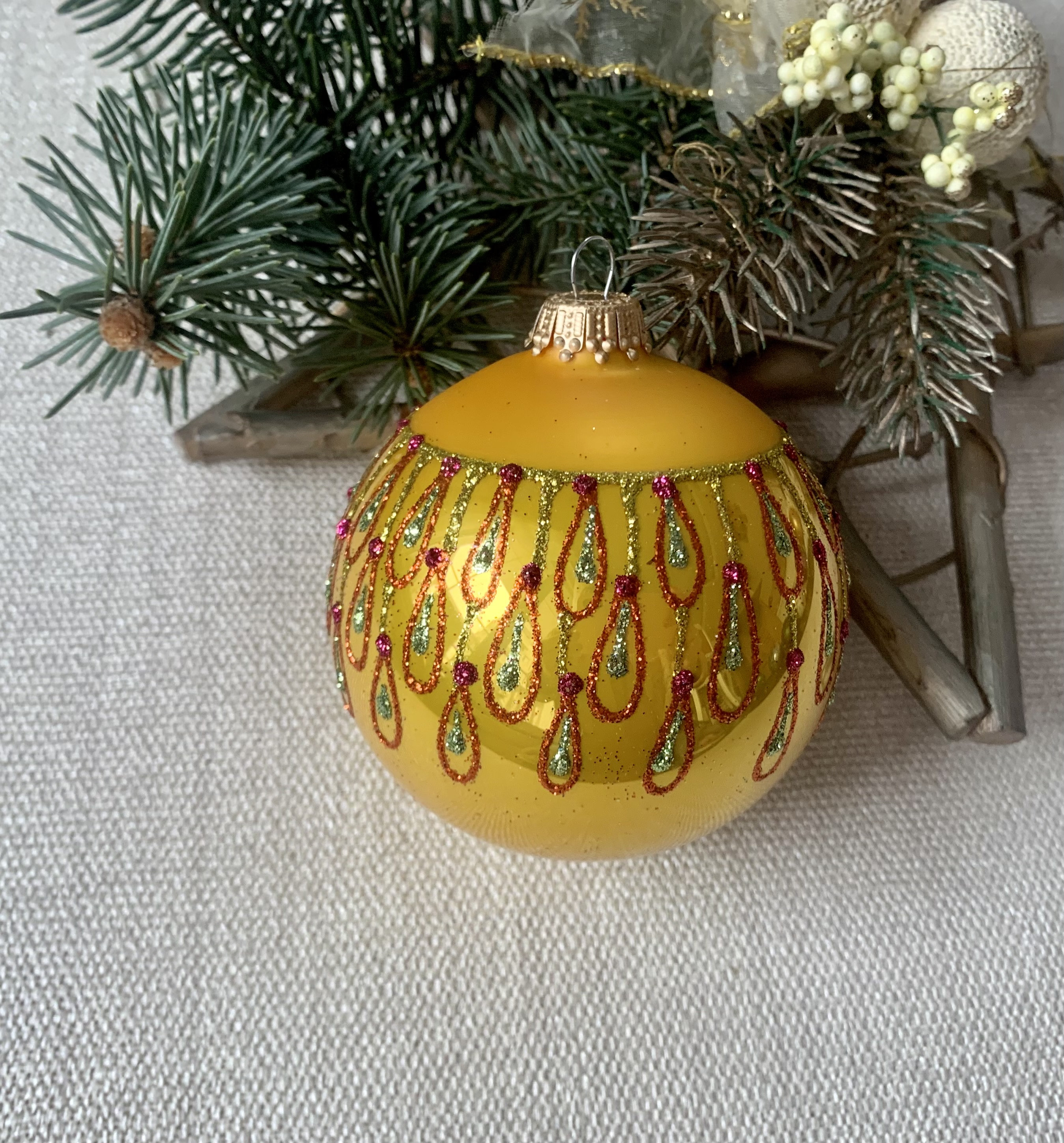 Yellow Christmas Glass Ball Ornament Hand Painted Christmas Glass