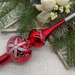Small Red Christmas glass tree topper 7 inch, Glass Finial Xmas Tree top, Festive Spire Ornament, Tree decor,vintage tree topper Christmas