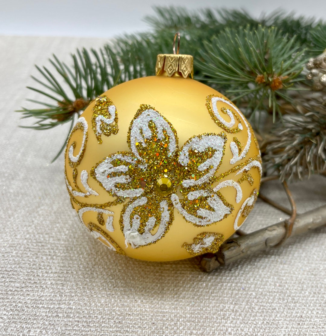 Gold Christmas Glass Ball Ornament Hand Painted Christmas Etsy