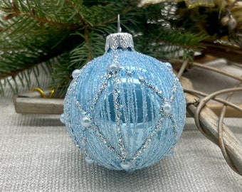 Small blue Christmas glass ball ornament, Hand painted Christmas glass decorations, traditional XMAS glass ornament, crafted Christmas