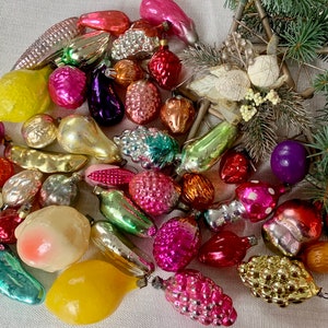 Colección de frutas Adornos navideños, 50 adornos navideños de vidrio vintage, decoraciones navideñas tradicionales de los años 50, adornos navideños antiguos