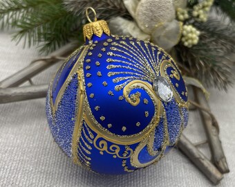 ブルーのクリスマスガラスボールオーナメント、手描きのクリスマス