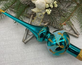 Turquoise Christmas glass tree topper 9 inch,vintage tree topper Xtmas,Glass Finial Xmas Tree top,Festive Spire Ornament,Tree decor