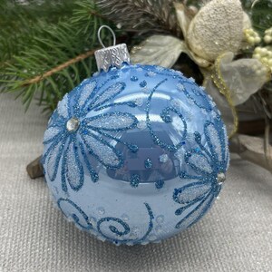 Blue Christmas glass ball ornament, Hand painted Xtmas glass decorations, traditional XMAS glass ornament, crafted Xtmas handmade 2025