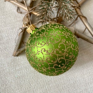 Green Christmas glass ball ornament, traditional XMAS glass ornament, crafted Christmas handmade, Hand painted Christmas glass decorations