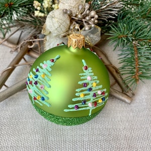 Green Christmas glass ball ornament, Hand painted Christmas glass decorations, traditional XMAS glass ornament, crafted Christmas handmade