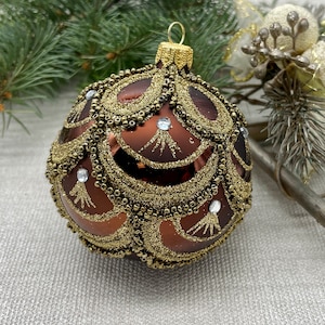 Brown with glitters Christmas glass ball ornament, Hand painted Christmas glass decorations, XMAS glass ornament, crafted Christmas handmade