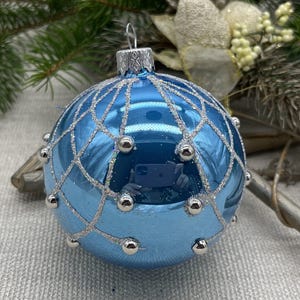 Blue Christmas glass ball ornament, Hand painted Xtmas glass decorations, traditional XMAS glass ornament, crafted Xtmas handmade 2025