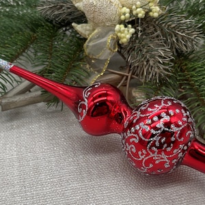 Small Red Christmas glass tree topper 7 inch, Glass Finial Xmas Tree top, Festive Spire Ornament, Tree decor,vintage tree topper Christmas