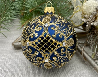Blue Christmas glass ball ornament, Hand painted Christmas glass decorations, traditional XMAS glass ornament, crafted Christmas handmade