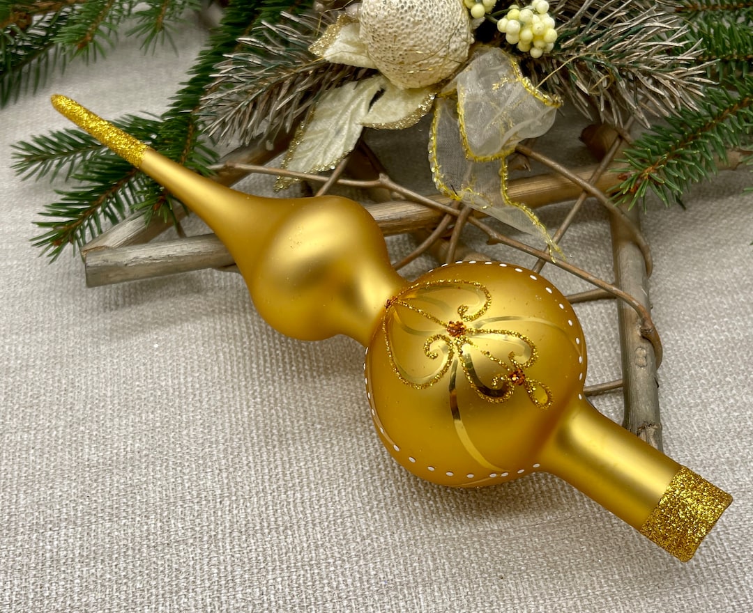 Small Gold Christmas Glass Tree Topper 8 Inch, Vintage Tree Topper