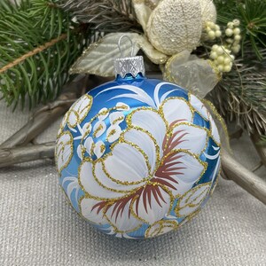 Blue Christmas glass ball ornament, Hand painted Xtmas glass decorations, traditional XMAS glass ornament, crafted Xtmas handmade 2025