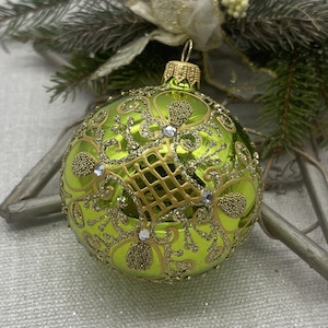 Light Green Christmas glass ball ornament,Hand painted Xstmas glass decorations,traditional XMAS glass ornament, crafted Christmas handmade
