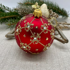 Rote Weihnachtsglaskugeln, handbemalte Weihnachtsdekorationen, traditionelle Weihnachtsglaskugeln, handgefertigte Weihnachtsdekorationen