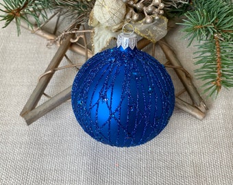 Blue Christmas glass ball ornament, Hand painted Christmas glass decorations, traditional XMAS glass ornament, crafted Christmas handmade