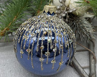 Handmade Blue Glass Christmas Ornament – Elegant Christmas decor 2025– Luxury Holiday Tree Decoration – Vintage Style Bauble