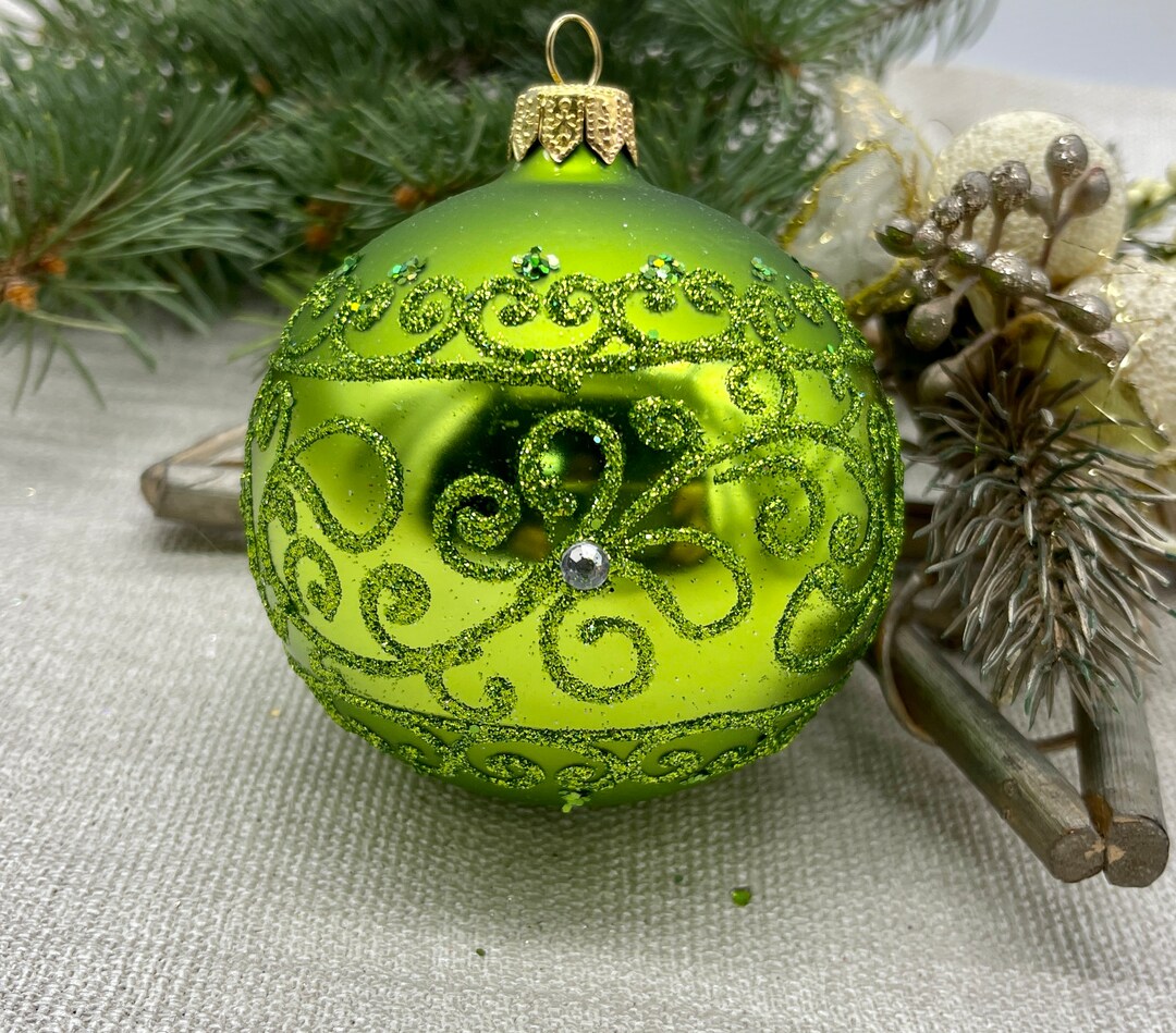 Green Christmas Glass Ball Ornament, Hand Painted Christmas Glass ...
