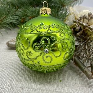 Green Christmas glass ball ornament, Hand painted Christmas glass decorations,  XMAS glass ornament, crafted Christmas handmade