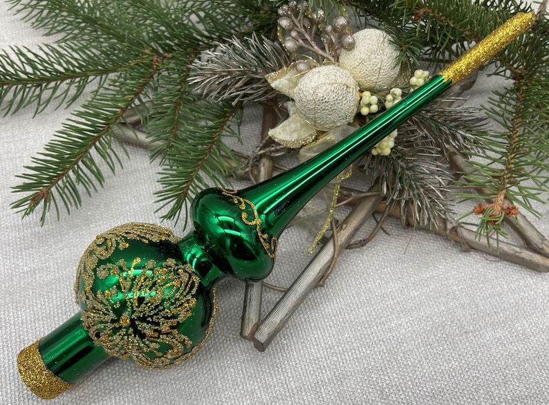 Green With Gold Christmas Glass Tree Topper 9 Inch,vintage Tree Topper