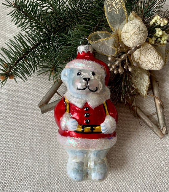 クマのサンタのクリスマスガラスオーナメント、吹きガラスの