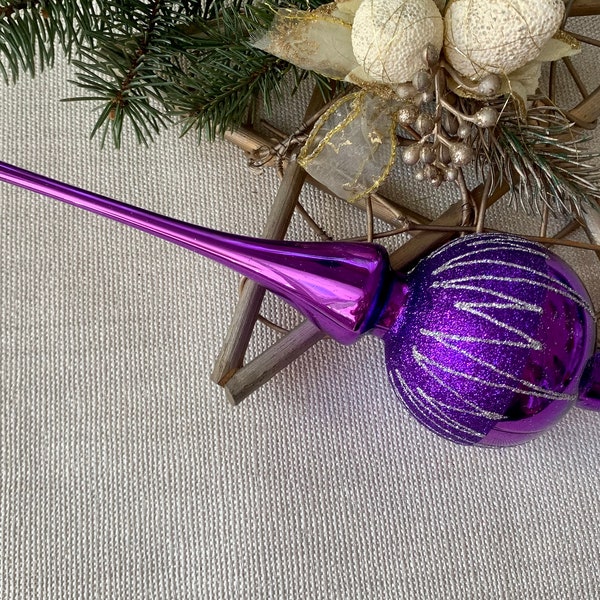 Purple Christmas glass tree topper 9 inch,vintage tree topper Christmas,Glass Finial Xmas Tree top, Festive Spire Ornament, Tree decor