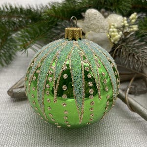 Green Christmas glass ball ornament, Hand painted Xtmas glass decorations,traditional XMAS glass ornament, crafted Xtmas handmade 2025