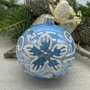 Blue Christmas glass ball ornament, Hand painted Xtmas glass decorations, traditional XMAS glass ornament, crafted Xtmas handmade 2025