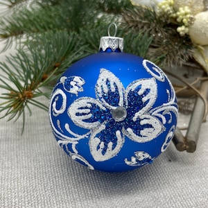 Blue Christmas glass ball ornament, traditional XMAS glass ornament, crafted Christmas handmade, Hand painted Christmas glass decorations