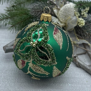 Green Christmas glass ball ornament, Hand painted Christmas glass decorations, traditional XMAS glass ornament, crafted Christmas handmade