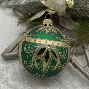 Green Christmas glass ball ornament, Hand painted Christmas glass decorations, traditional XMAS glass ornament, crafted Christmas handmade