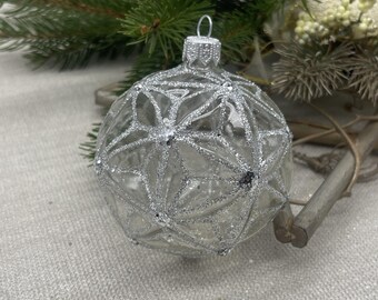 Transparent with silver glitter Christmas glass ball ornament, handmade Christmas glass decorations,traditional XMAS gift,crafted decor 2024