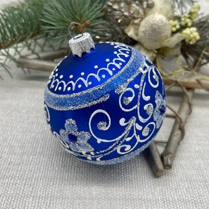 Blue Christmas glass ball ornament, traditional XMAS glass ornament, crafted Christmas handmade,Hand painted Christmas glass decorations