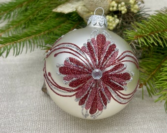 Silver with red glitter Christmas glass ball ornament, handmade Christmas glass decorations, traditional XMAS gift, crafted decor 2024