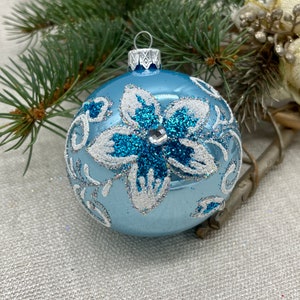 Blue Christmas glass ball ornament,  traditional XMAS glass ornament, crafted Christmas handmade,Hand painted Christmas glass decorations