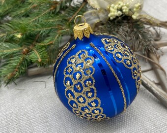 Blue Christmas glass ball ornament, Hand painted Christmas glass decorations, traditional XMAS glass ornament, crafted Christmas handmade