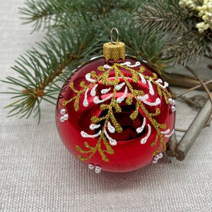 Red Christmas glass ball ornament,traditional XMAS glass ornament, crafted Christmas handmade, Hand painted Christmas glass decorations