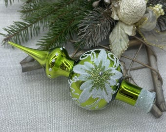 Small green flower Christmas glass tree topper 7 inch, vintage tree topper Christmas, Glass Finial Christmas Tree top, Christmas decor 2025