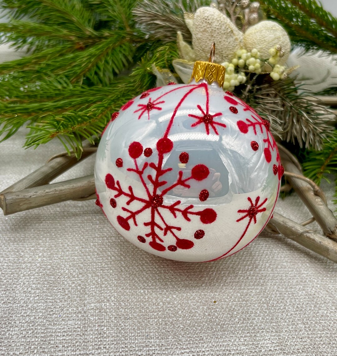 White With Red Snowflake Glitter Christmas Glass Ball Ornament,handmade ...