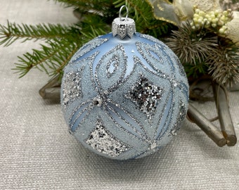 Blue Christmas glass ball ornament, Hand painted Christmas glass decorations, traditional XMAS glass ornament, crafted Christmas handmade