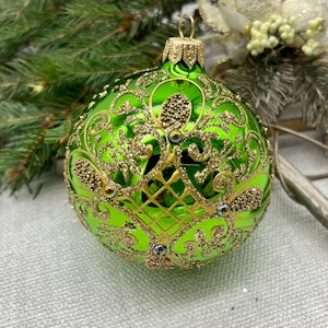 Green Christmas glass ball ornament, Hand painted Christmas glass decorations, traditional XMAS glass ornament, crafted Christmas handmade