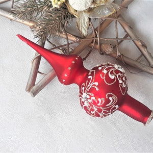 Small red Christmas glass tree topper 8 inch, vintage tree topper Christmas, Glass Finial Xmas Tree top, Festive Spire Ornament, Tree decor
